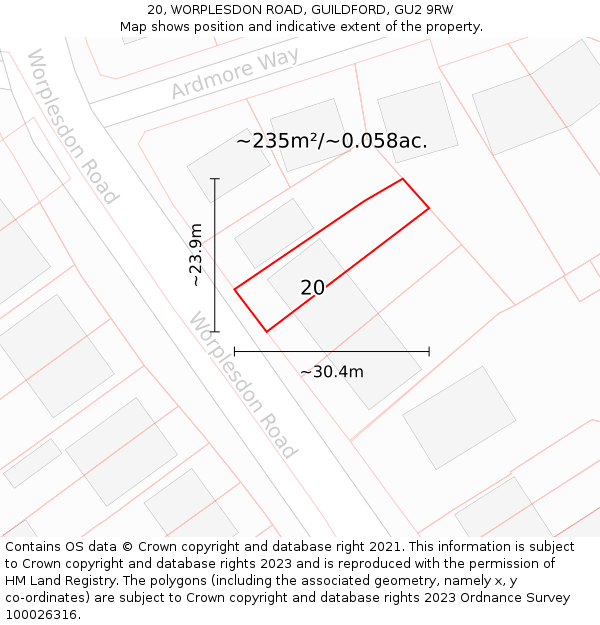 20, WORPLESDON ROAD, GUILDFORD, GU2 9RW: Plot and title map