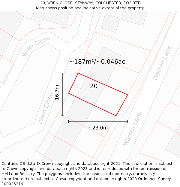 20, WREN CLOSE, STANWAY, COLCHESTER, CO3 8ZB: Plot and title map