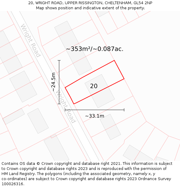 20, WRIGHT ROAD, UPPER RISSINGTON, CHELTENHAM, GL54 2NP: Plot and title map