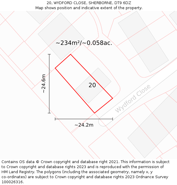 20, WYDFORD CLOSE, SHERBORNE, DT9 6DZ: Plot and title map