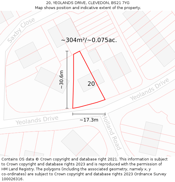 20, YEOLANDS DRIVE, CLEVEDON, BS21 7YG: Plot and title map