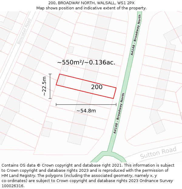 200, BROADWAY NORTH, WALSALL, WS1 2PX: Plot and title map