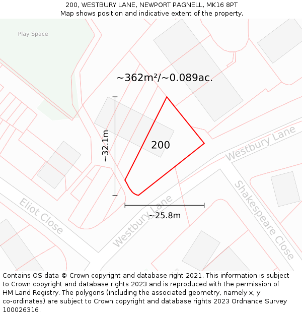200, WESTBURY LANE, NEWPORT PAGNELL, MK16 8PT: Plot and title map