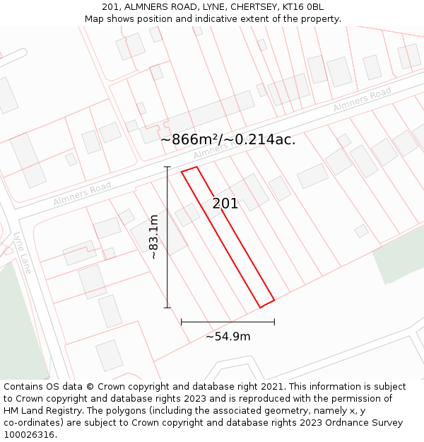 201, ALMNERS ROAD, LYNE, CHERTSEY, KT16 0BL: Plot and title map