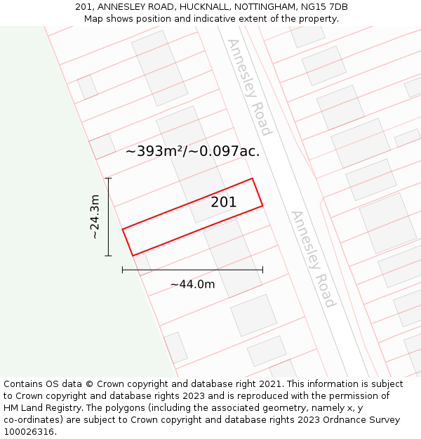 201, ANNESLEY ROAD, HUCKNALL, NOTTINGHAM, NG15 7DB: Plot and title map
