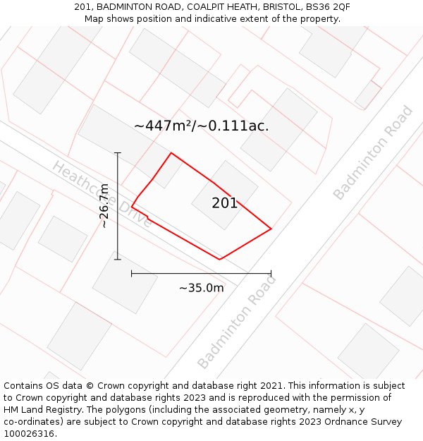 201, BADMINTON ROAD, COALPIT HEATH, BRISTOL, BS36 2QF: Plot and title map