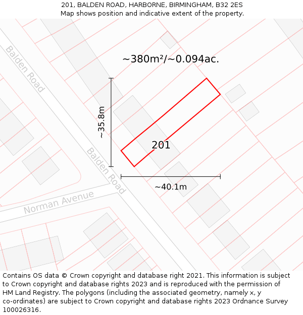 201, BALDEN ROAD, HARBORNE, BIRMINGHAM, B32 2ES: Plot and title map