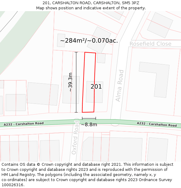 201, CARSHALTON ROAD, CARSHALTON, SM5 3PZ: Plot and title map