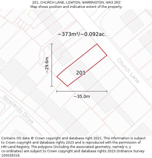 201, CHURCH LANE, LOWTON, WARRINGTON, WA3 2RZ: Plot and title map