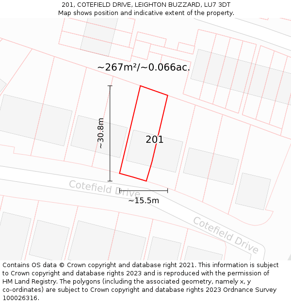 201, COTEFIELD DRIVE, LEIGHTON BUZZARD, LU7 3DT: Plot and title map