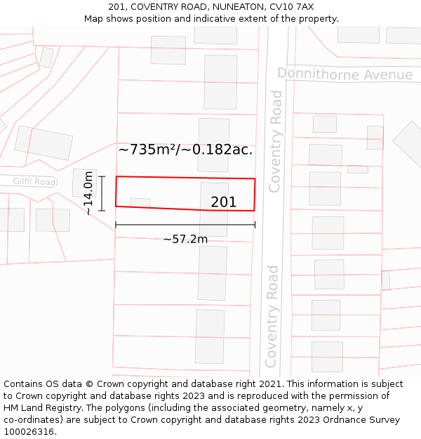 201, COVENTRY ROAD, NUNEATON, CV10 7AX: Plot and title map