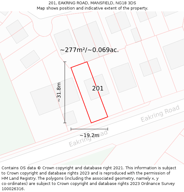 201, EAKRING ROAD, MANSFIELD, NG18 3DS: Plot and title map