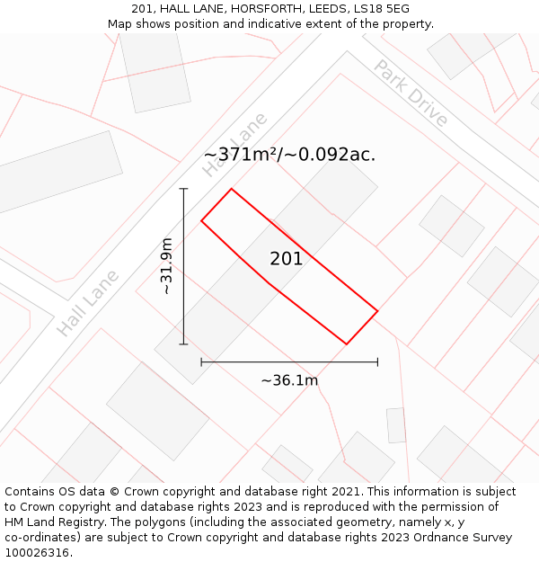 201, HALL LANE, HORSFORTH, LEEDS, LS18 5EG: Plot and title map