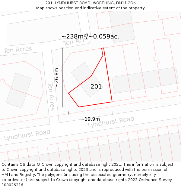 201, LYNDHURST ROAD, WORTHING, BN11 2DN: Plot and title map