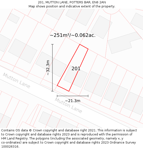 201, MUTTON LANE, POTTERS BAR, EN6 2AN: Plot and title map
