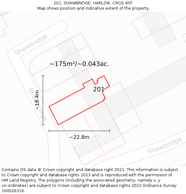 201, SHAWBRIDGE, HARLOW, CM19 4NT: Plot and title map