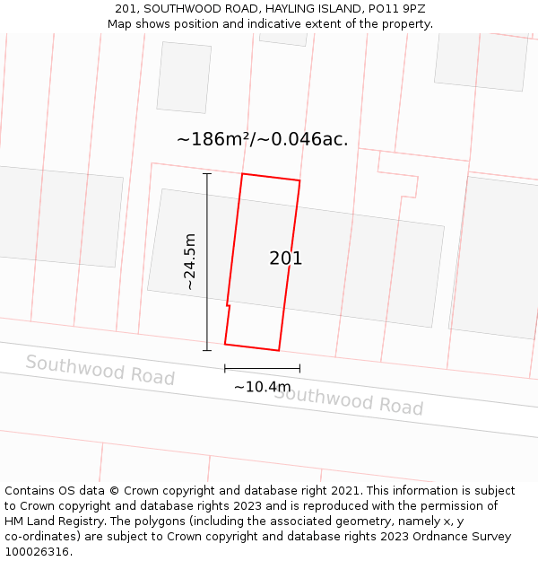 201, SOUTHWOOD ROAD, HAYLING ISLAND, PO11 9PZ: Plot and title map
