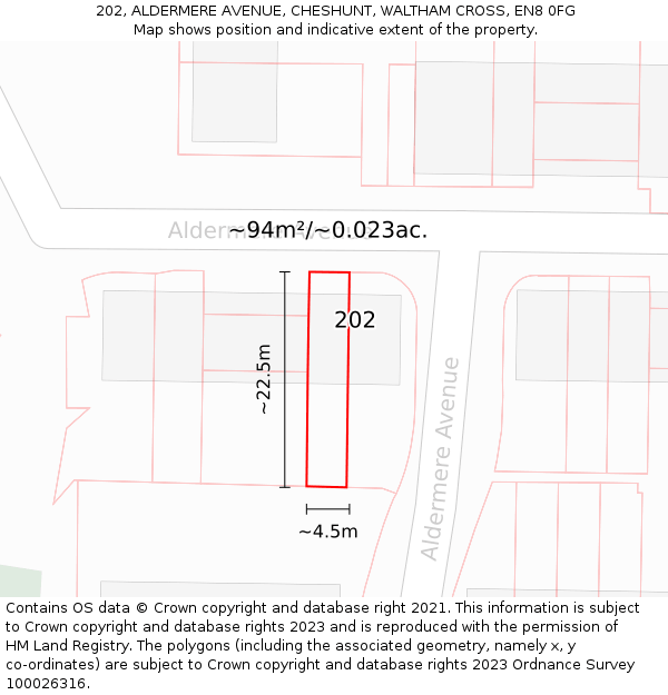 202, ALDERMERE AVENUE, CHESHUNT, WALTHAM CROSS, EN8 0FG: Plot and title map