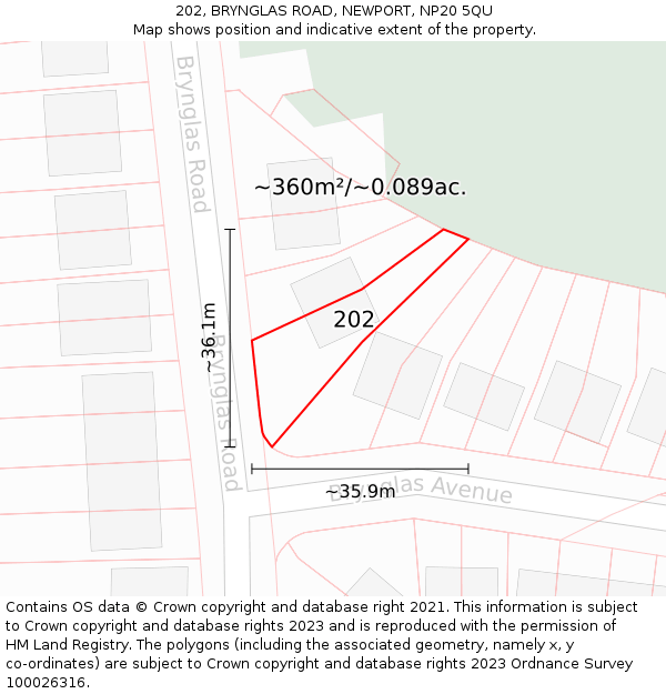 202, BRYNGLAS ROAD, NEWPORT, NP20 5QU: Plot and title map