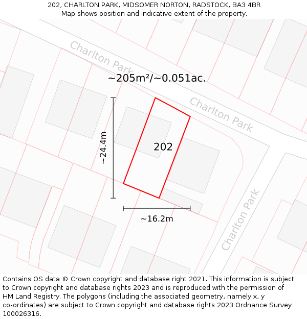 202, CHARLTON PARK, MIDSOMER NORTON, RADSTOCK, BA3 4BR: Plot and title map