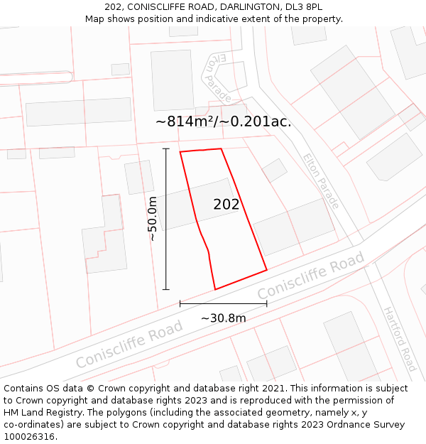 202, CONISCLIFFE ROAD, DARLINGTON, DL3 8PL: Plot and title map
