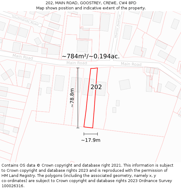 202, MAIN ROAD, GOOSTREY, CREWE, CW4 8PD: Plot and title map