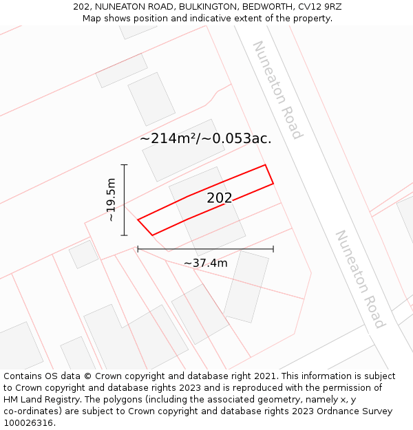 202, NUNEATON ROAD, BULKINGTON, BEDWORTH, CV12 9RZ: Plot and title map