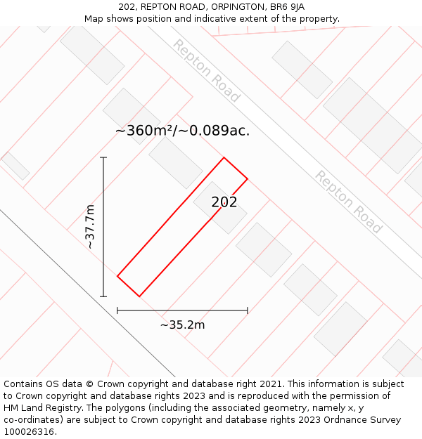 202, REPTON ROAD, ORPINGTON, BR6 9JA: Plot and title map