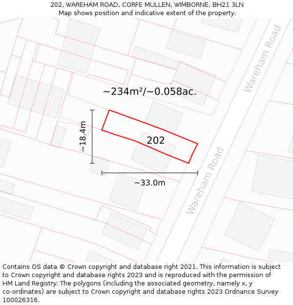 202, WAREHAM ROAD, CORFE MULLEN, WIMBORNE, BH21 3LN: Plot and title map