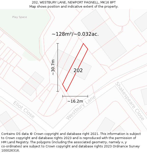 202, WESTBURY LANE, NEWPORT PAGNELL, MK16 8PT: Plot and title map