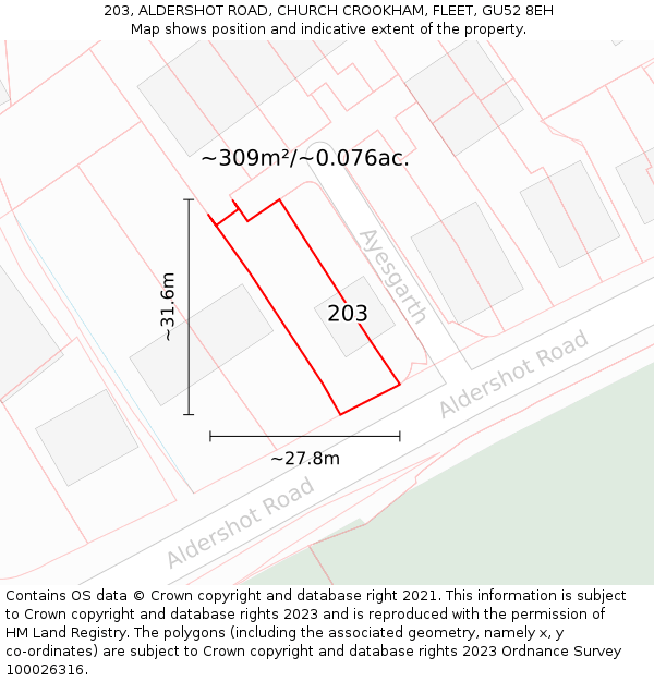 203, ALDERSHOT ROAD, CHURCH CROOKHAM, FLEET, GU52 8EH: Plot and title map