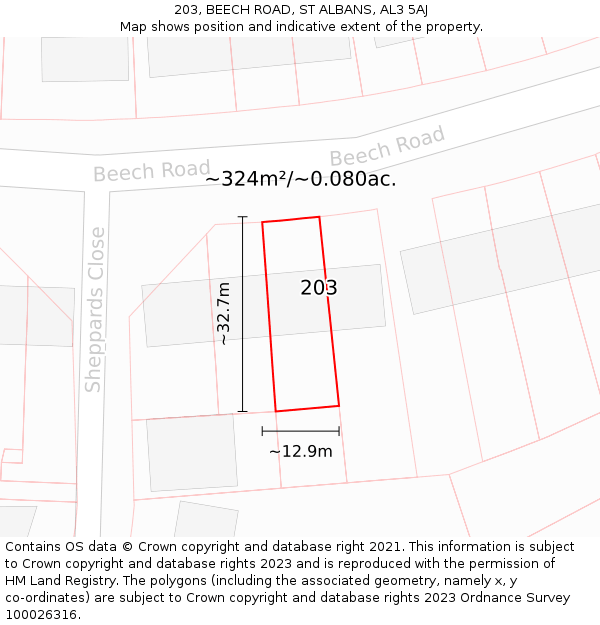 203, BEECH ROAD, ST ALBANS, AL3 5AJ: Plot and title map