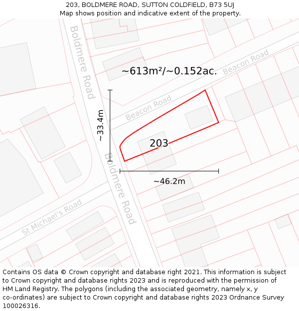 203, BOLDMERE ROAD, SUTTON COLDFIELD, B73 5UJ: Plot and title map