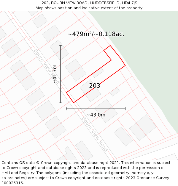 203, BOURN VIEW ROAD, HUDDERSFIELD, HD4 7JS: Plot and title map