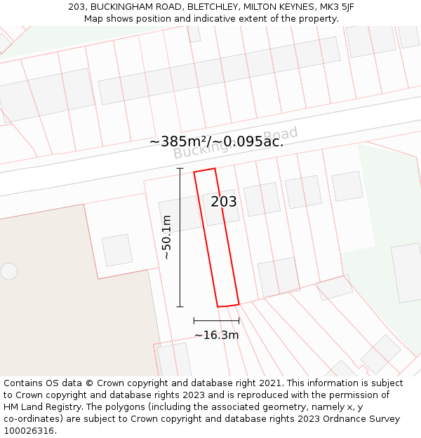 203, BUCKINGHAM ROAD, BLETCHLEY, MILTON KEYNES, MK3 5JF: Plot and title map