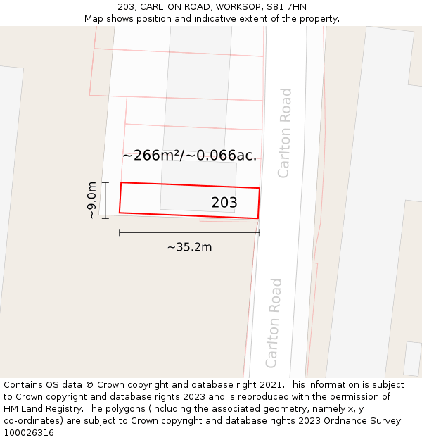 203, CARLTON ROAD, WORKSOP, S81 7HN: Plot and title map
