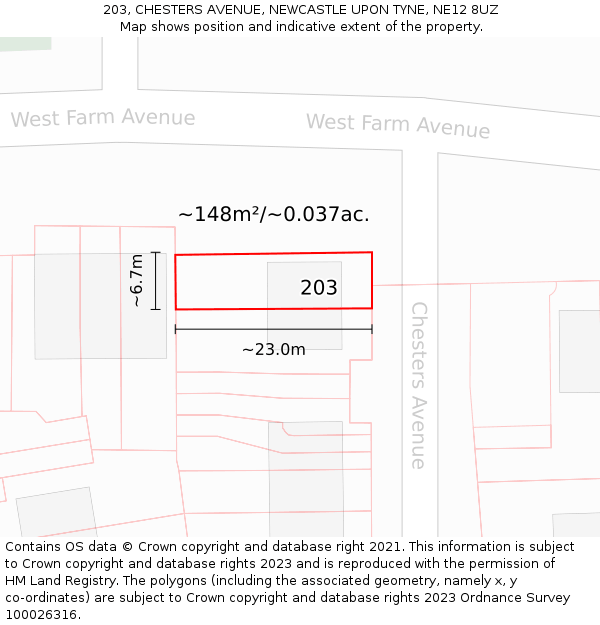 203, CHESTERS AVENUE, NEWCASTLE UPON TYNE, NE12 8UZ: Plot and title map