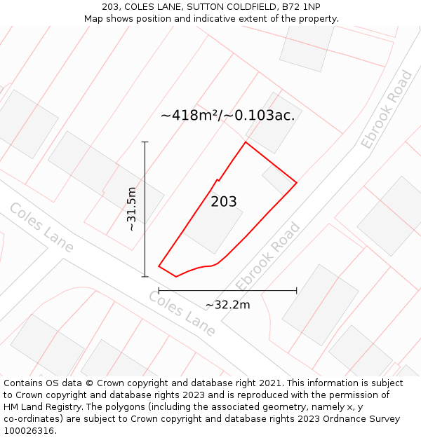203, COLES LANE, SUTTON COLDFIELD, B72 1NP: Plot and title map