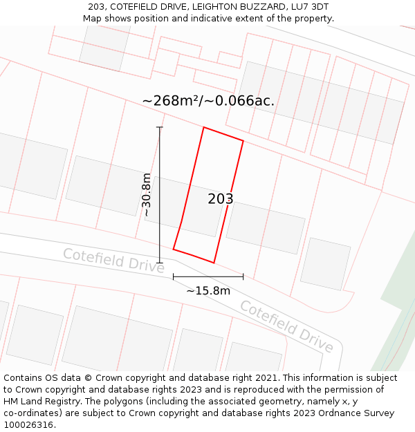 203, COTEFIELD DRIVE, LEIGHTON BUZZARD, LU7 3DT: Plot and title map