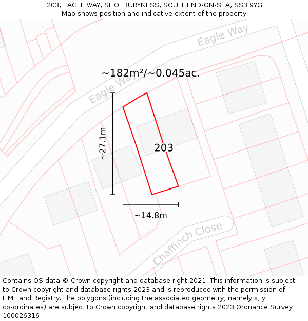 203, EAGLE WAY, SHOEBURYNESS, SOUTHEND-ON-SEA, SS3 9YG: Plot and title map