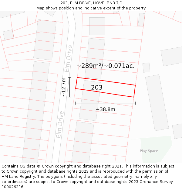 203, ELM DRIVE, HOVE, BN3 7JD: Plot and title map
