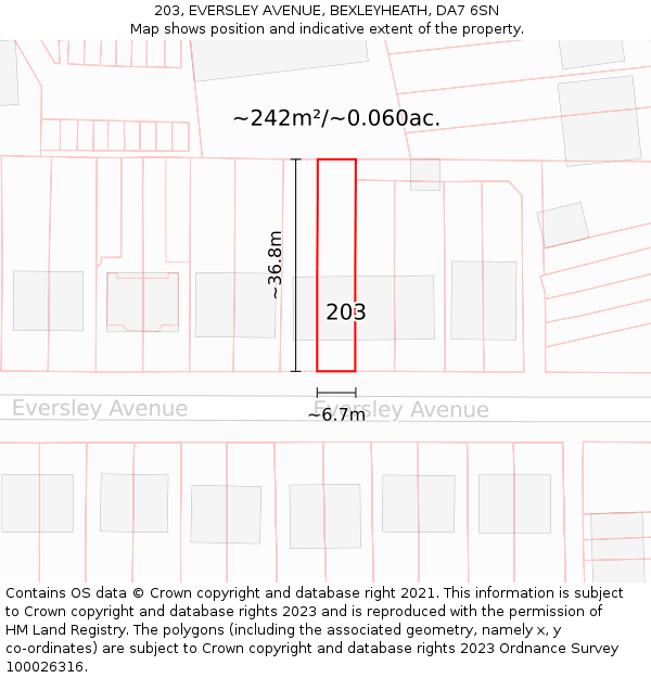 203, EVERSLEY AVENUE, BEXLEYHEATH, DA7 6SN: Plot and title map