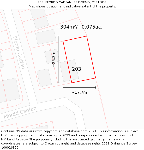 203, FFORDD CADFAN, BRIDGEND, CF31 2DR: Plot and title map