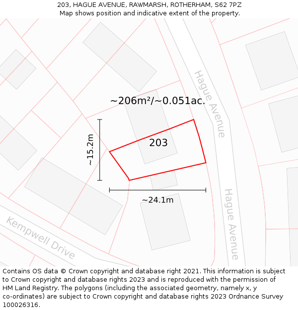 203, HAGUE AVENUE, RAWMARSH, ROTHERHAM, S62 7PZ: Plot and title map