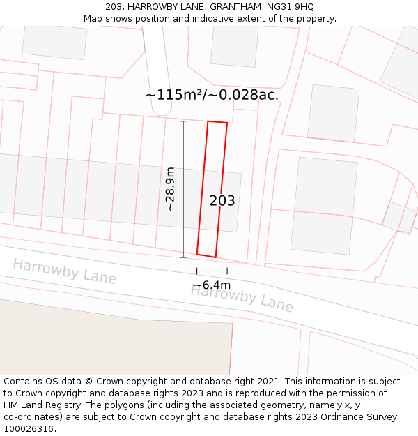 203, HARROWBY LANE, GRANTHAM, NG31 9HQ: Plot and title map