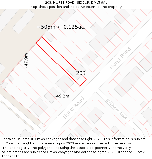 203, HURST ROAD, SIDCUP, DA15 9AL: Plot and title map