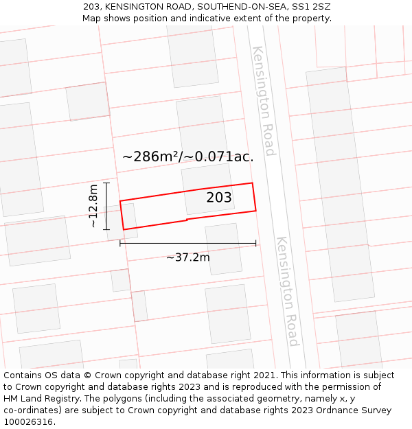203, KENSINGTON ROAD, SOUTHEND-ON-SEA, SS1 2SZ: Plot and title map