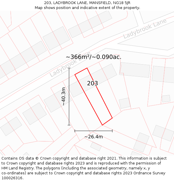 203, LADYBROOK LANE, MANSFIELD, NG18 5JR: Plot and title map