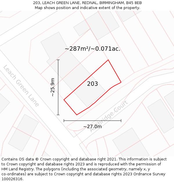 203, LEACH GREEN LANE, REDNAL, BIRMINGHAM, B45 8EB: Plot and title map