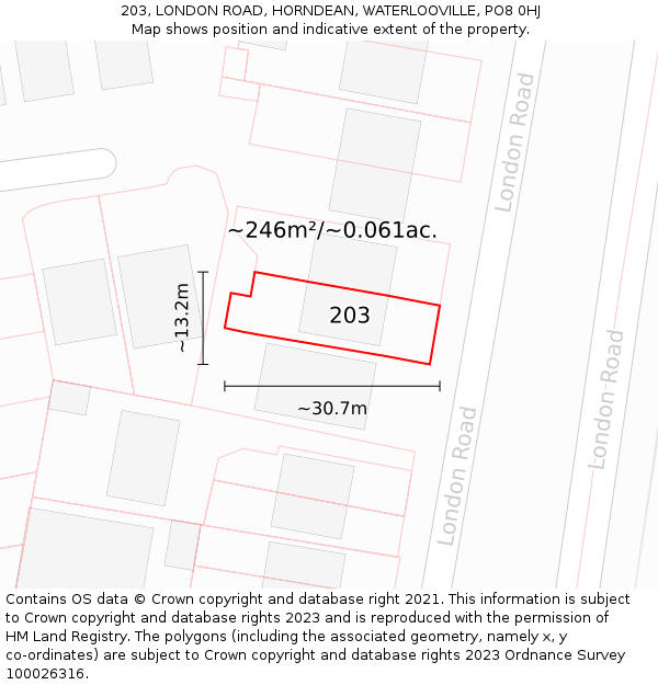 203, LONDON ROAD, HORNDEAN, WATERLOOVILLE, PO8 0HJ: Plot and title map